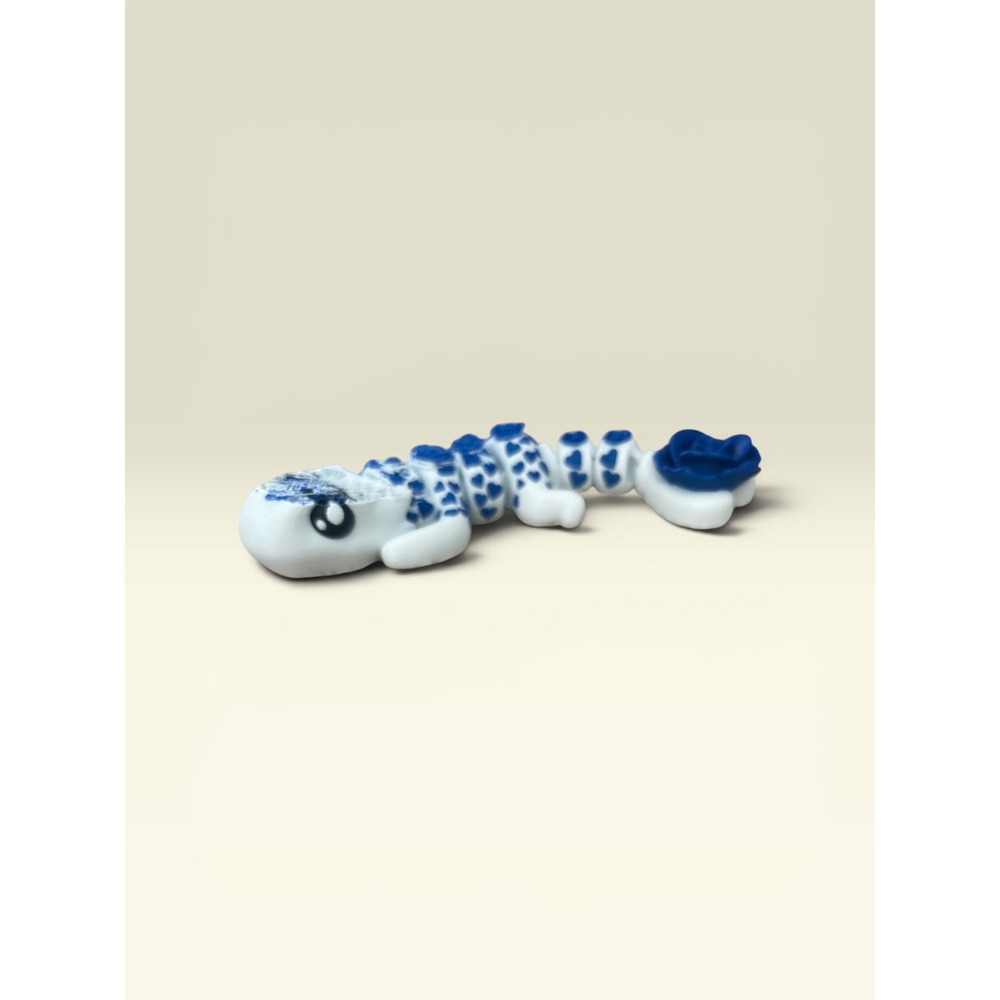 Articulated 3D Printed Lizard Fidget Toy Blue White Hearts Roses 8 Inch